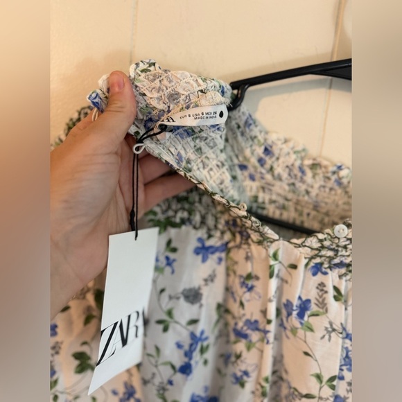 Zara NWT Printed Rustic Smocked High Neck Floral Midi Dress, Size S - Picture 14 of 14